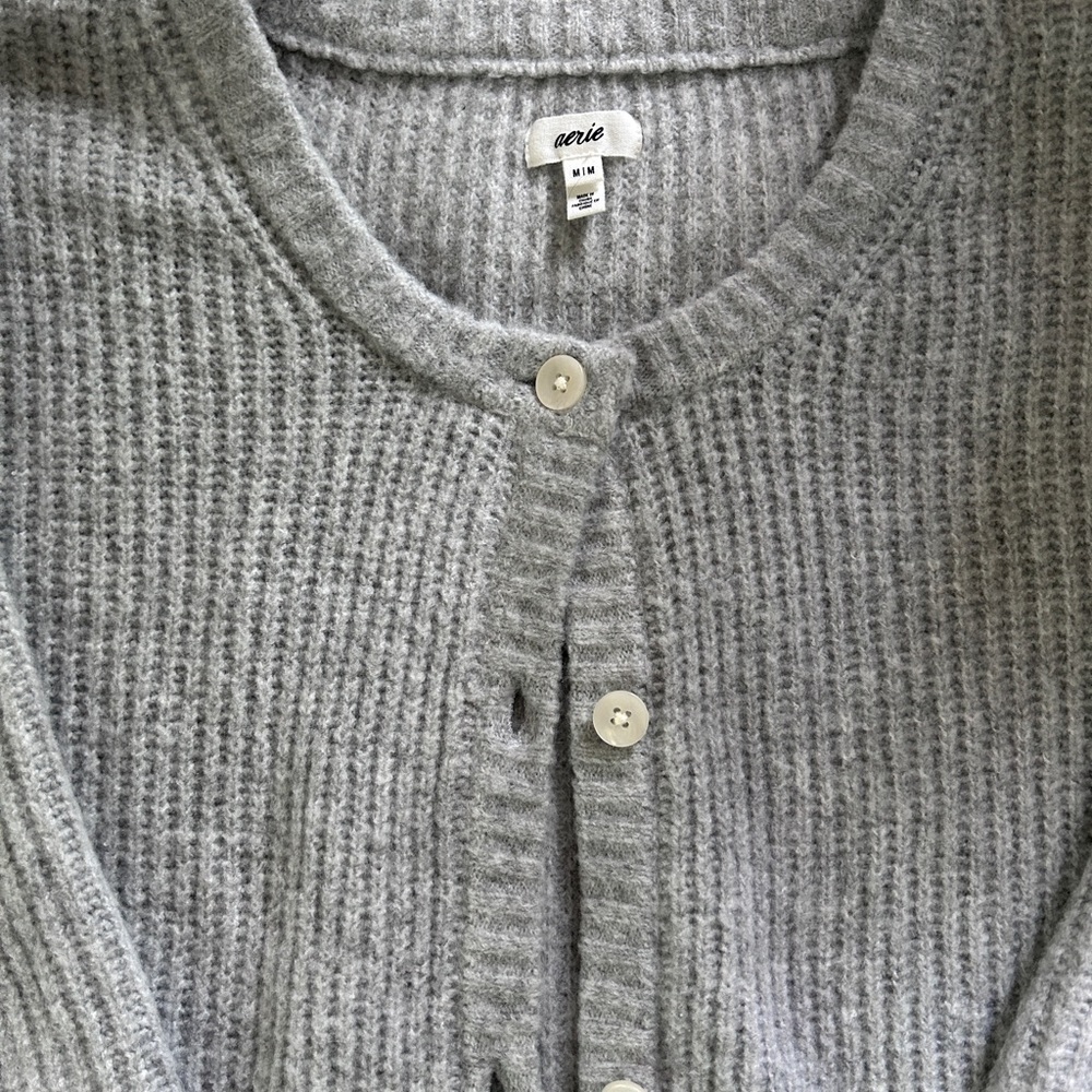 Aerie Light Gray Ribbed Button Short Sleeve Cardigan - Picture 2 of 6
